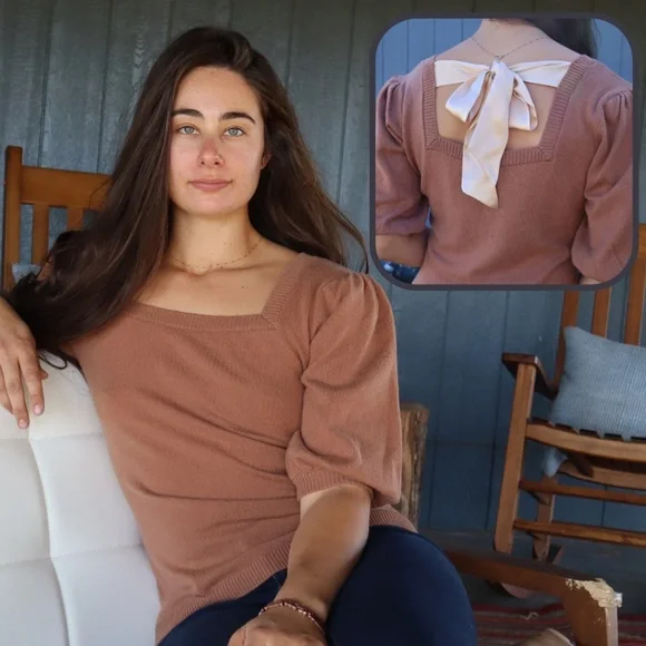 Puff Sleeve Cashmere Sweater w Silk Bow, Square Neck Knit, Silk Bow Tie Back - Picture 9 of 12